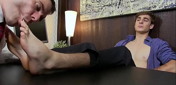  Pervert employee worships boss feet after work in his office